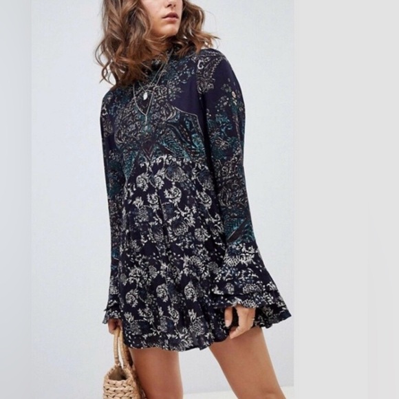 Free People Tops - Free People Lady Luck Printed Tunic in Blue Combo